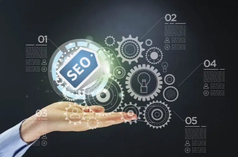 Hand holding a glowing SEO symbol surrounded by digital gears, illustrating roofing SEO in Lynnwood